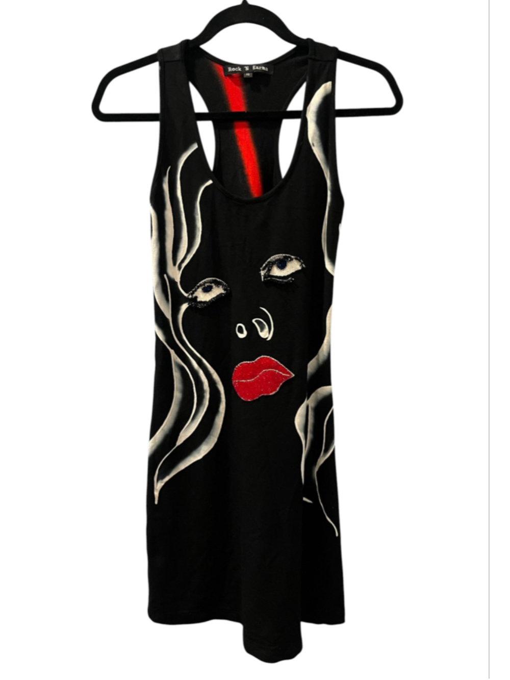 Rock 'N Karma Black Pop Art Face Dress Sequin Embellished Racerback Stretch XS